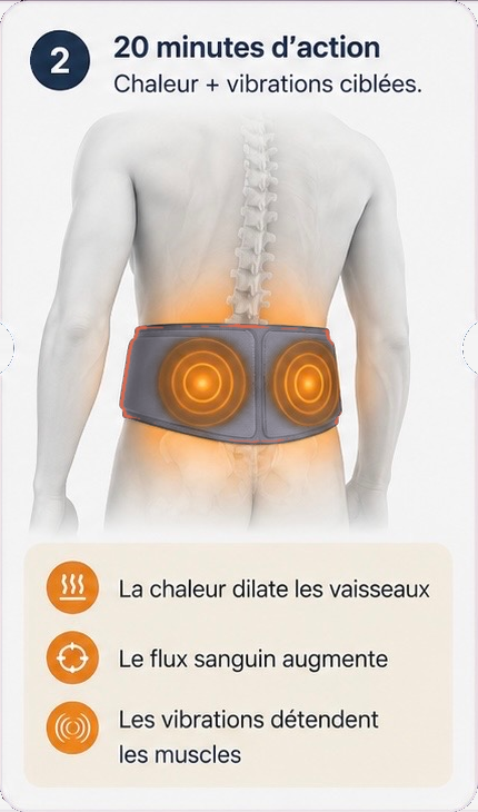 Étape 2, vingt minutes d'action : chaleur et vibrations ciblées. La chaleur dilate les vaisseaux, le flux sanguin augmente, les vibrations détendent les muscles.
