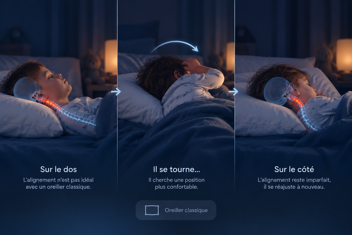Trois moments d’une nuit sur un oreiller classique : l’enfant sur le dos, l’enfant qui se tourne, puis l’enfant sur le côté.