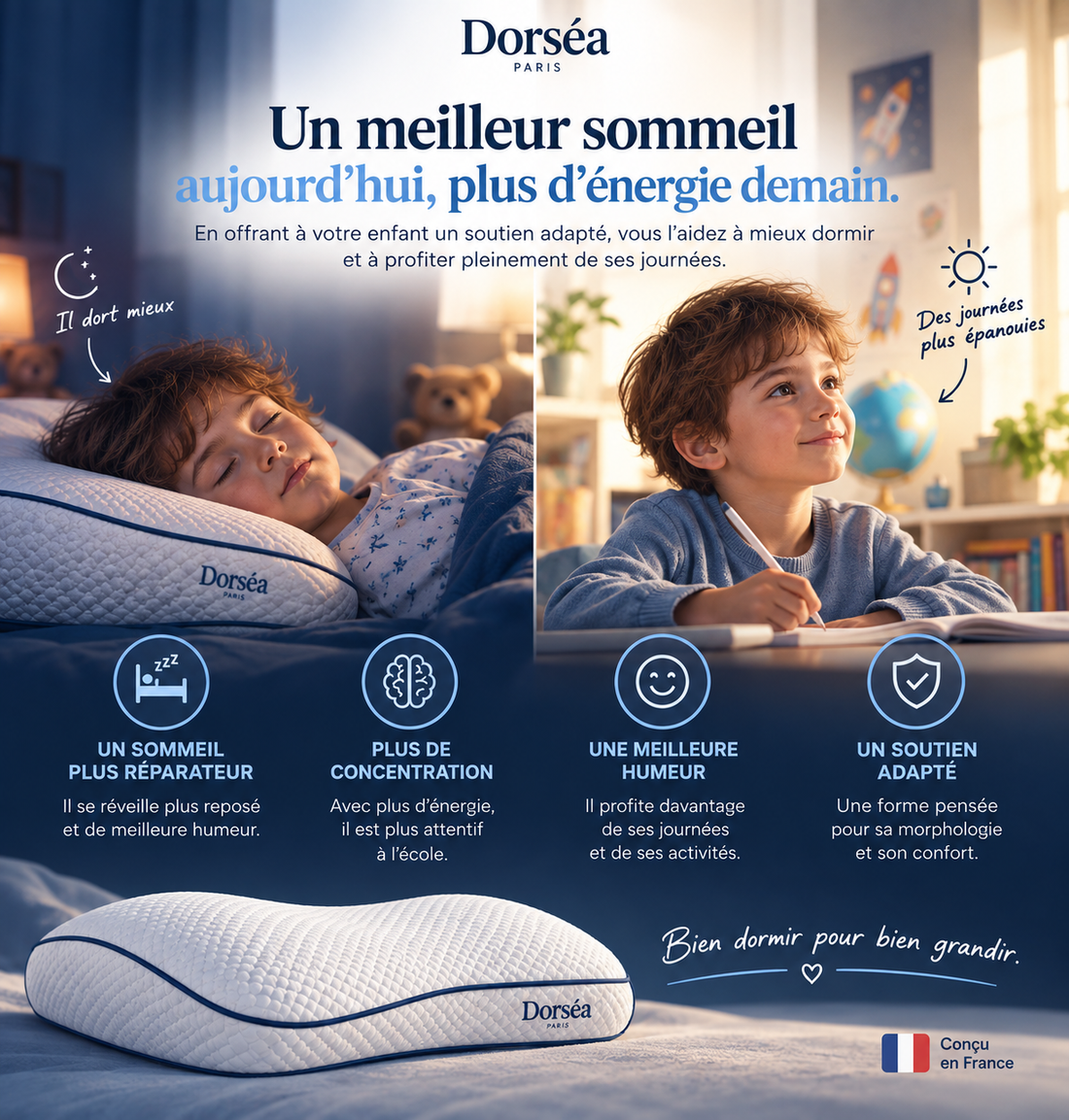 À gauche un enfant endormi sur le coussin Dorséa, à droite le même enfant attentif à son bureau en journée, puis quatre repères : sommeil plus réparateur, plus de concentration, meilleure humeur, soutien adapté.