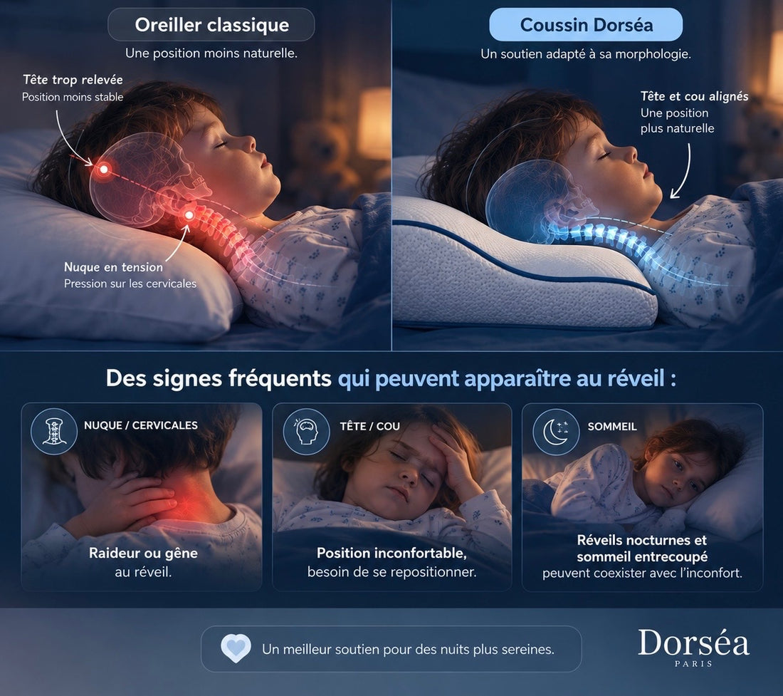 Comparatif : sur un oreiller classique la tête de l’enfant est plus relevée, sur le coussin Dorséa la tête et le cou sont alignés. En dessous, trois signes pouvant apparaître au réveil.