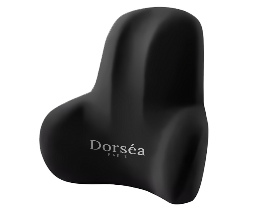 Coussin de soutien lombaire Dorséa, mousse noire, logo Dorséa Paris sur la base