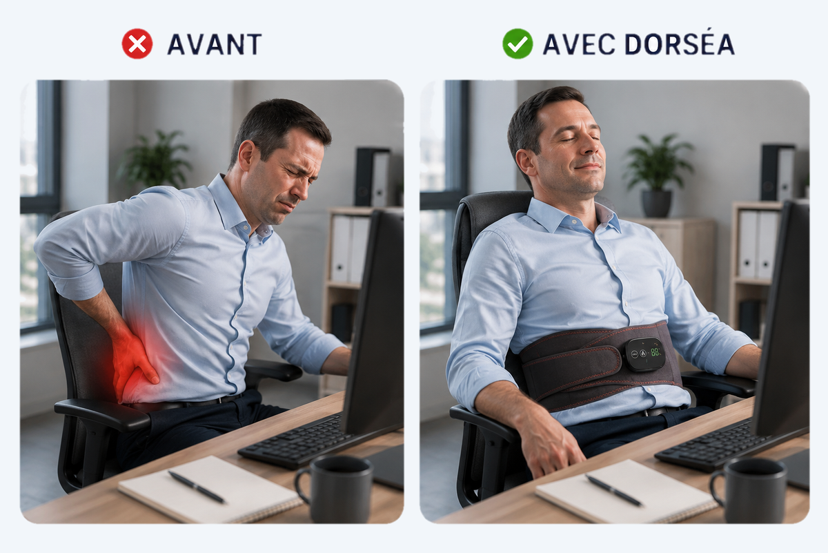 À gauche, un homme assis à son bureau se tient le bas du dos, la zone lombaire marquée en rouge. À droite, le même homme adossé à son fauteuil, détendu, la ceinture Dorséa sanglée par-dessus sa chemise.