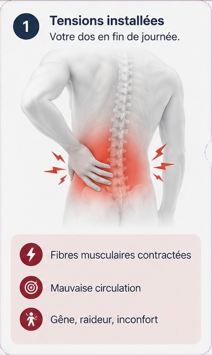 Étape 1, tensions installées : votre dos en fin de journée. Fibres musculaires contractées, mauvaise circulation, gêne, raideur, inconfort.