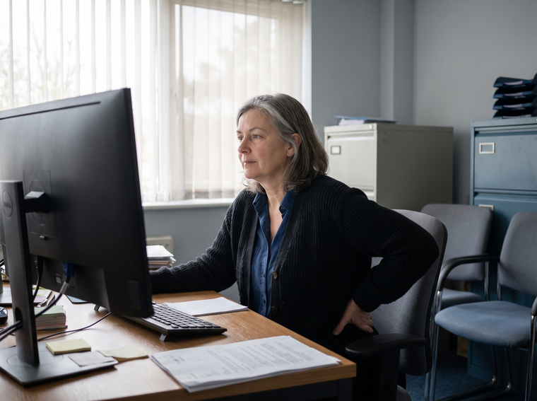 Femme assise à son bureau, une main dans le bas du dos