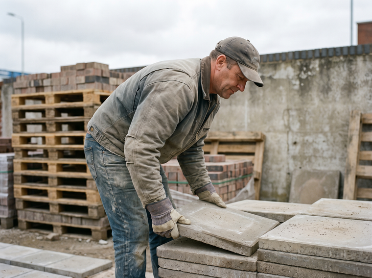 Homme sur un chantier soulevant une dalle de béton