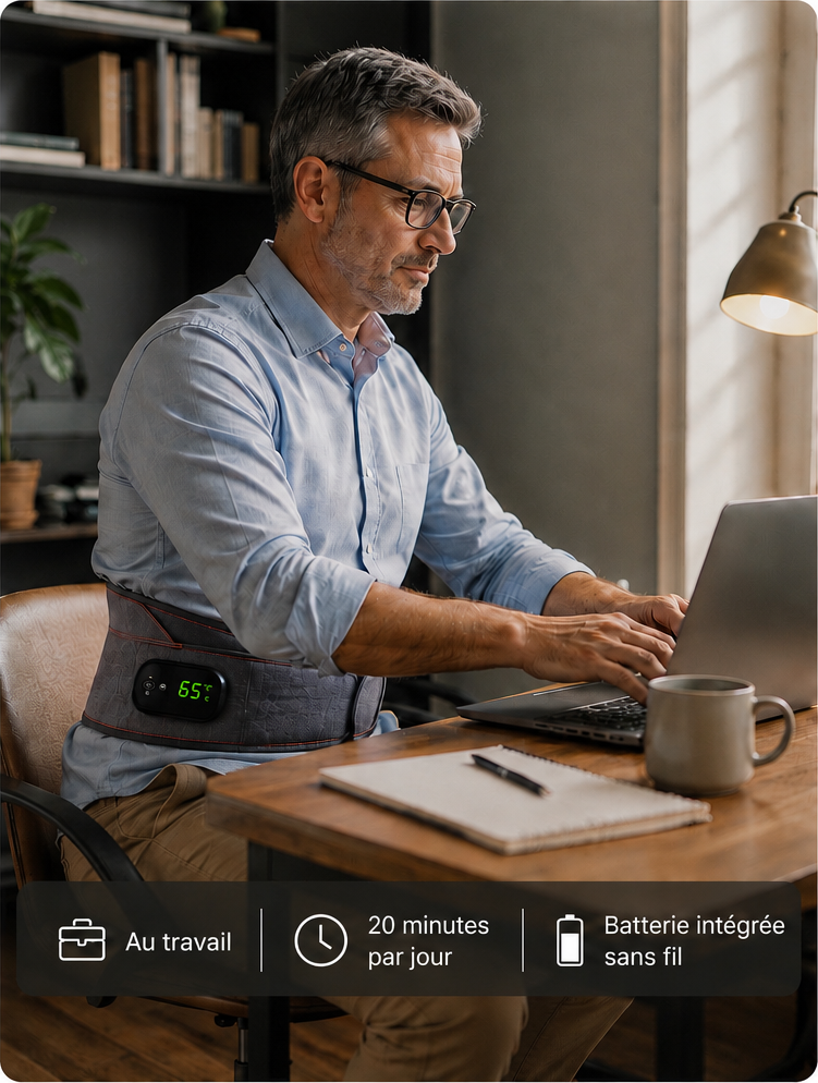 Un homme travaille à son bureau, la ceinture Dorséa sanglée par-dessus sa chemise, écran sur 65 degrés. Légendes : au travail, vingt minutes par jour, batterie intégrée sans fil.