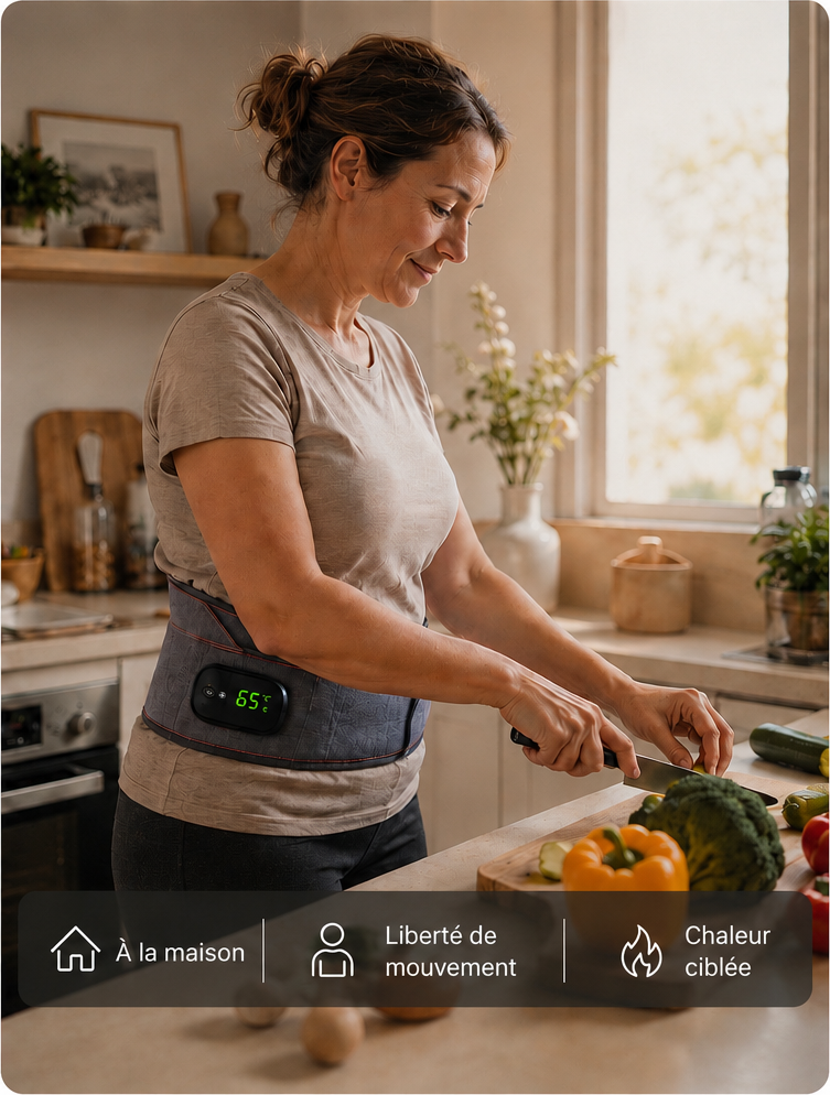 Une femme cuisine debout, la ceinture Dorséa sanglée par-dessus son tee-shirt. Légendes : à la maison, liberté de mouvement, chaleur ciblée.