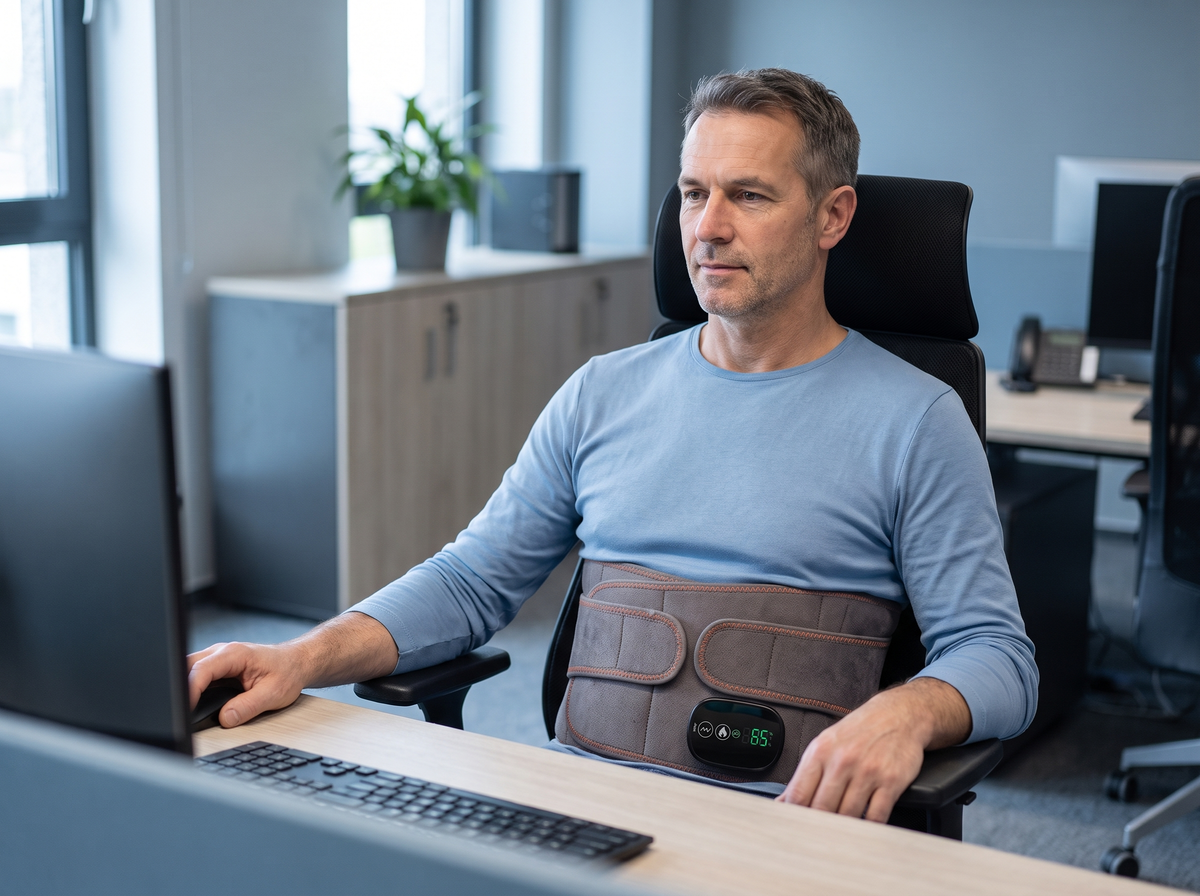 Un homme d'une cinquantaine d'années travaille à son poste, assis dans un fauteuil de bureau, la ceinture Dorséa grise sanglée par-dessus son haut